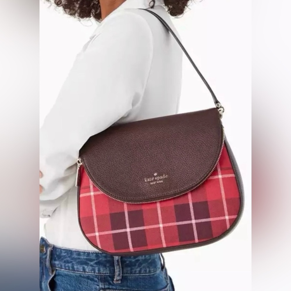 Kate Spade Leila Plaid Berry Medium Flap Shoulder Bag